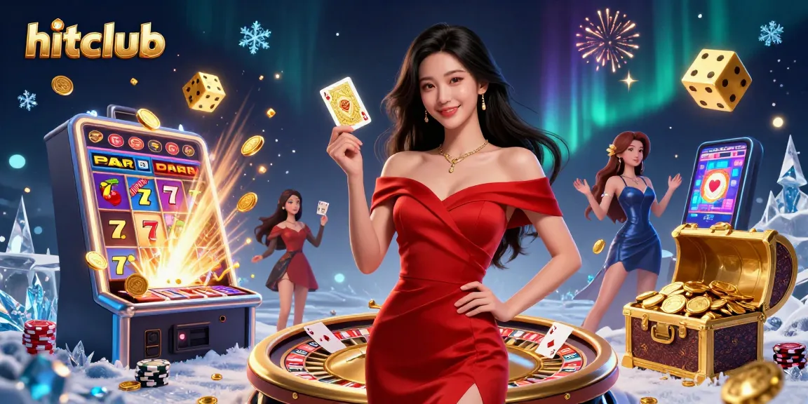 Win big at hitclub with an Asian beauty playing cards at a vibrant casino scene.