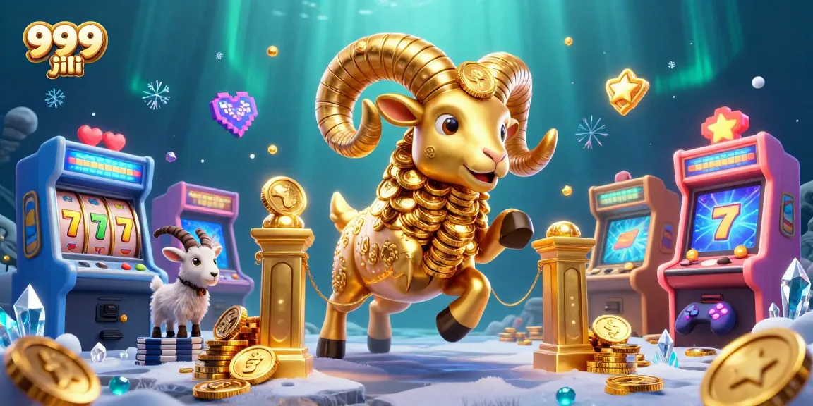 The vibrant scene showcases 999 jili with a golden ram character charging through prizes like slot reels and coins, embodying the excitement of online gambling.