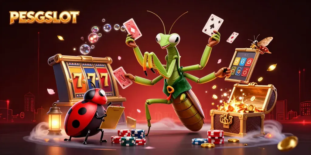 Slot permainan PESGSLOT dengan karakter unik dan elemen kasino yang meriah menggambarkan keseruan bermain slot online.