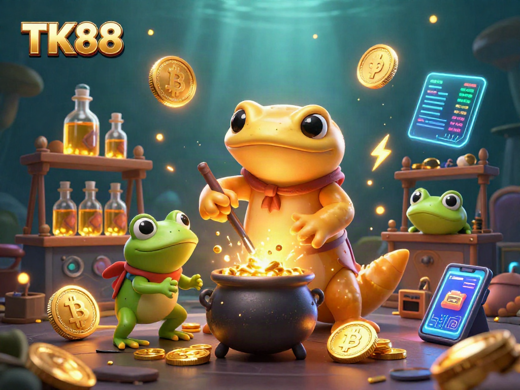 Engage with TK88's magical casino adventure featuring vibrant alchemist characters and digital currencies.
