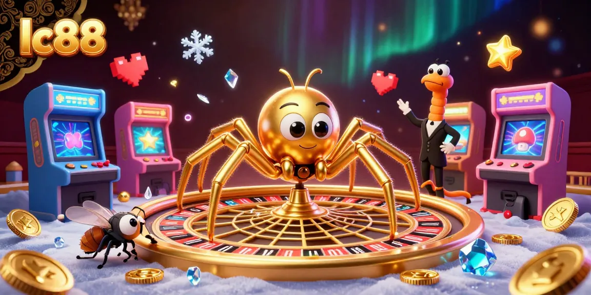 lc88 players explore a lively casino scene with a golden spider and a colorful roulette wheel.