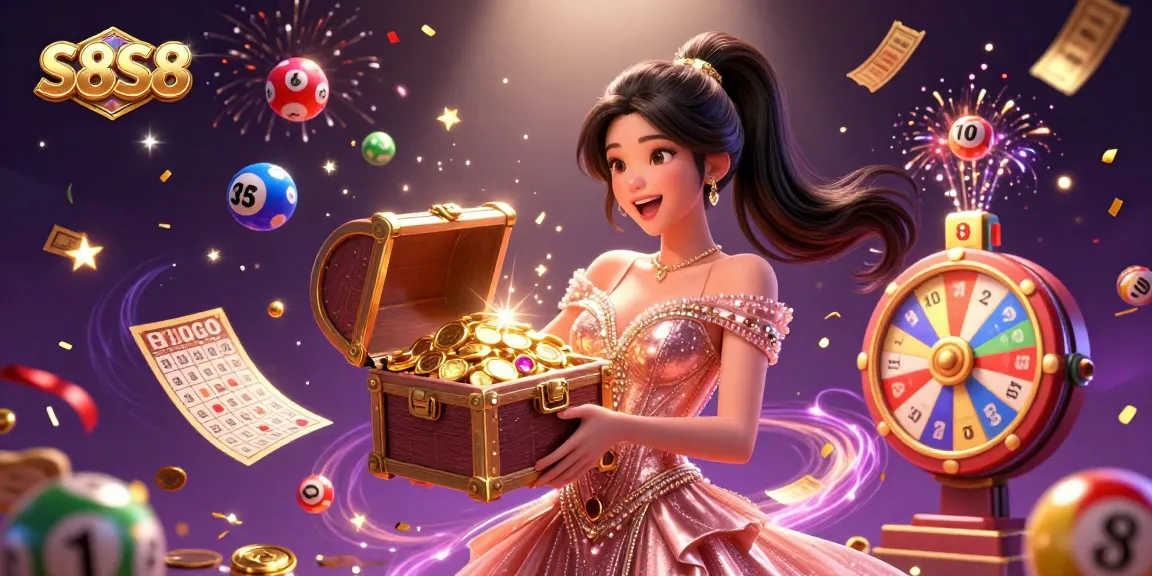 Experience the excitement of S8S8 with an overflowing treasure chest and vibrant casino elements.
