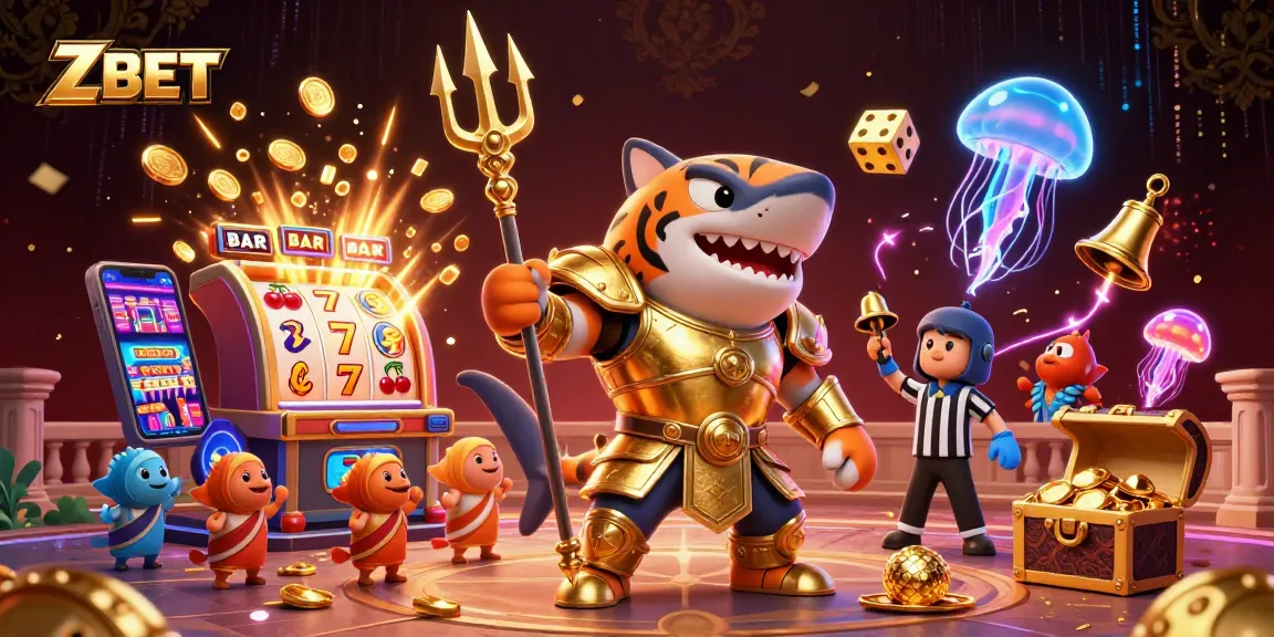 Experience ZBET's thrilling underwater casino with an armored shark in action.
