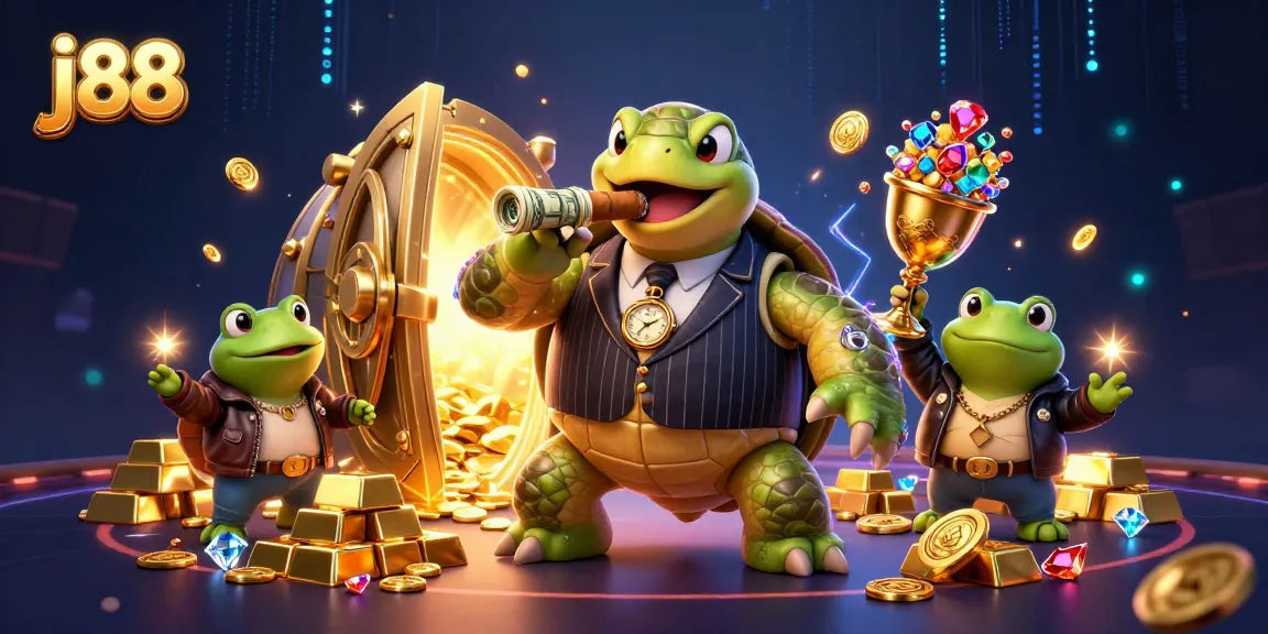 Experience thrilling j88 gaming adventure with cartoon characters in an exciting casino scene.