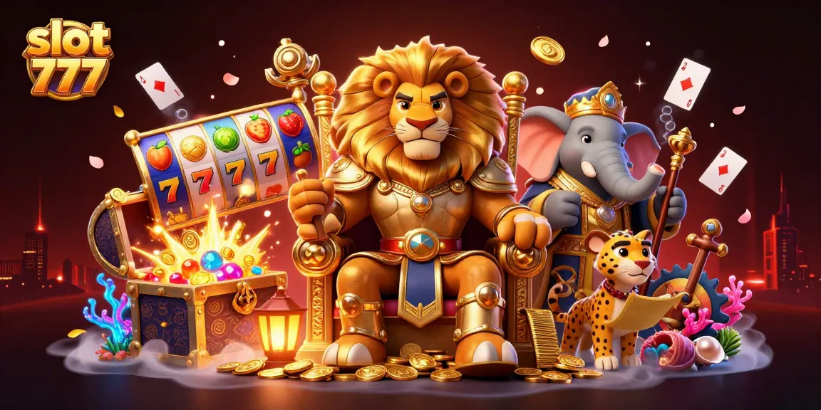 Play thrilling slot 777 games with a fierce lion king and vibrant casino elements.