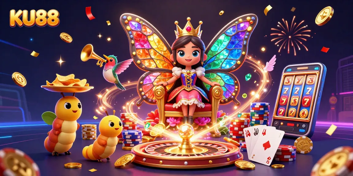 Experience the excitement of KU88 as the butterfly queen rules in a vibrant, sparkling casino setting.