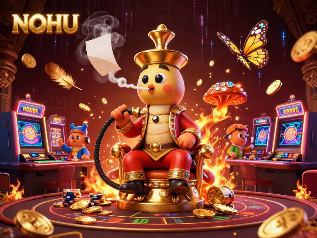 Engaging gameplay at NOHU casino featuring vibrant game symbols and a whimsical hookah-master character.