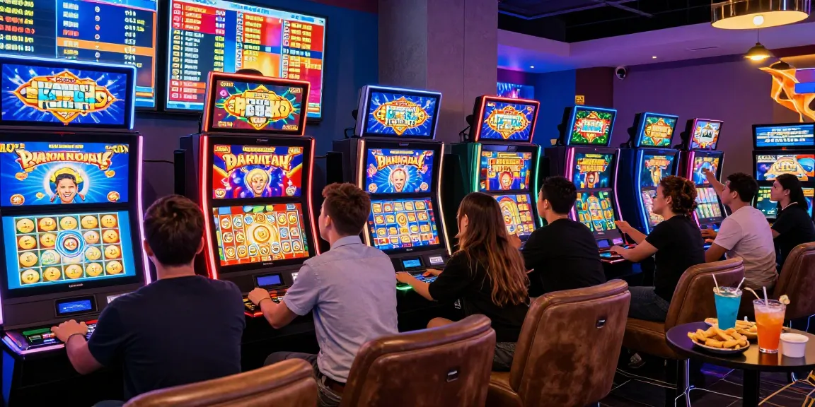 Players enjoying สล็อตทูวอเล็ต in a vibrant online casino setting with virtual slot machines and colorful jackpots.