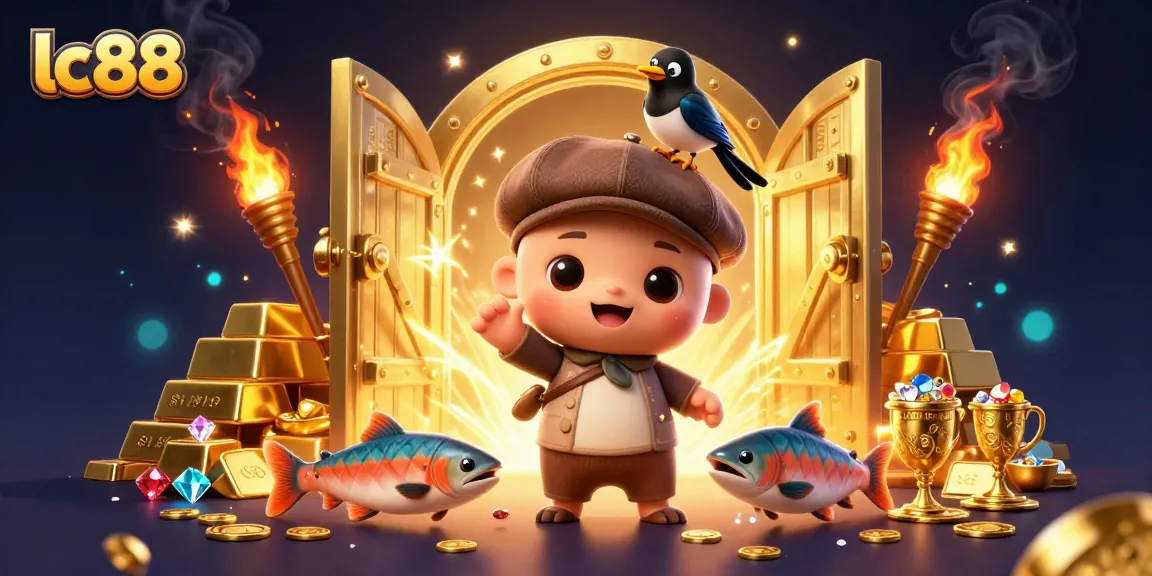 Experience thrilling wins at lc88 with a vibrant 3D casino adventure scene full of wealth and playful characters.
