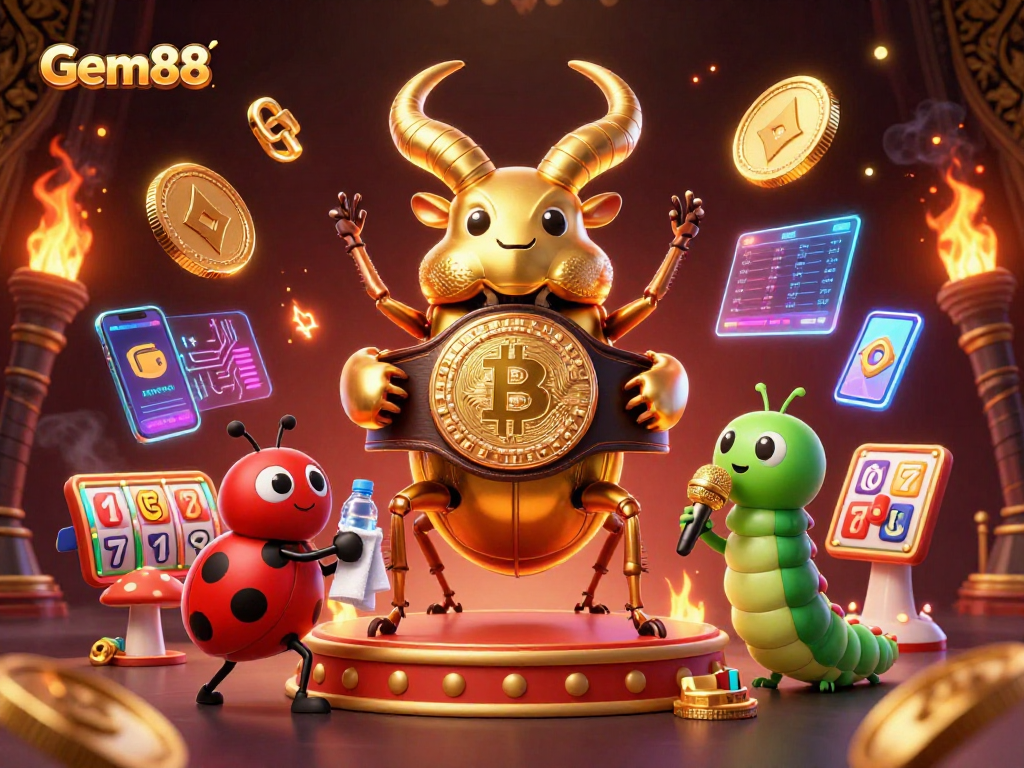 Join the excitement at Gem88 with a boxing stag beetle champion amidst vibrant casino elements.