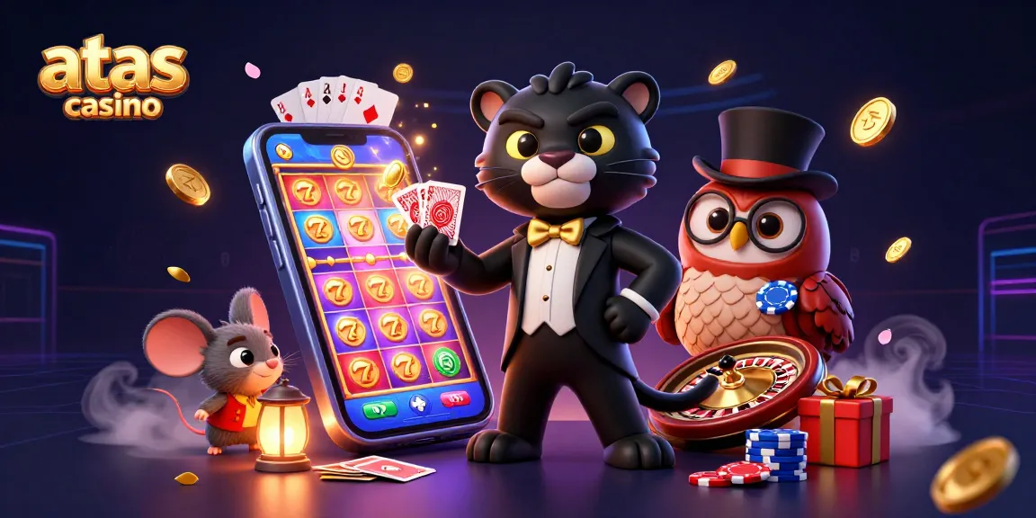 A stylish black panther deals cards at the atas casino, alongside an owl and a lucky mouse, surrounded by vibrant game elements.