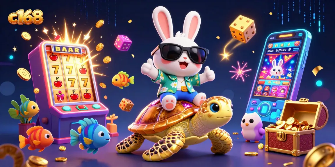 Win big with c168 at vibrant casino-themed illustration featuring a lucky rabbit and turtle.