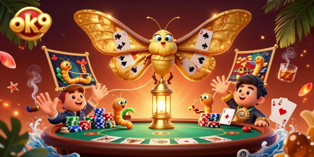Experience ok9's vibrant casino world with a 3D moth and golden elements enhancing your gaming journey.