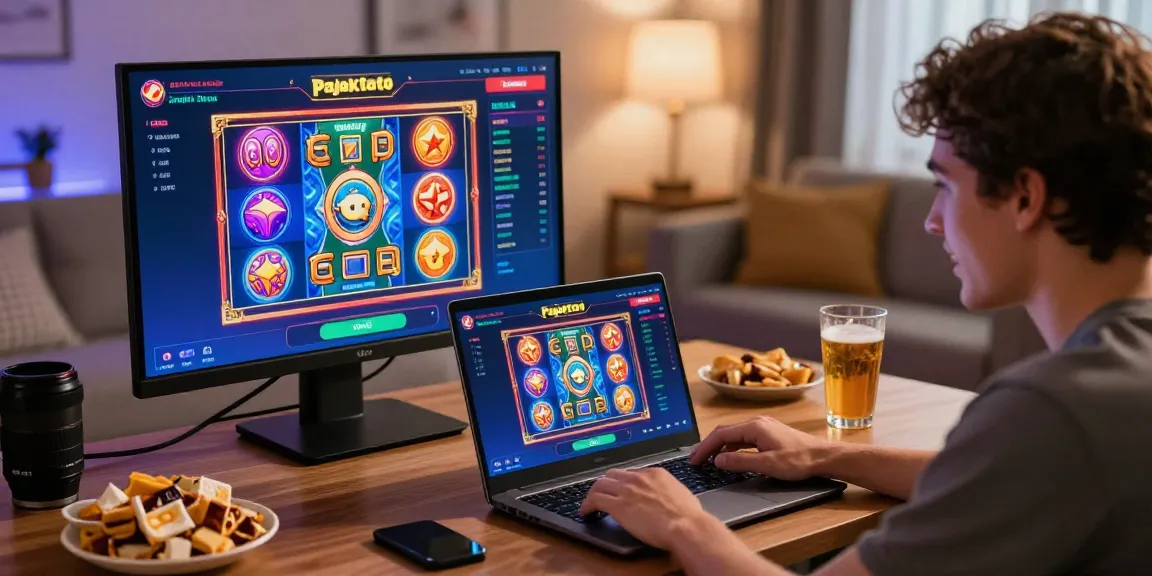 Pajaktoto online gaming experience with a user engaged on a laptop, colorful slot graphics creating excitement in a cozy environment.