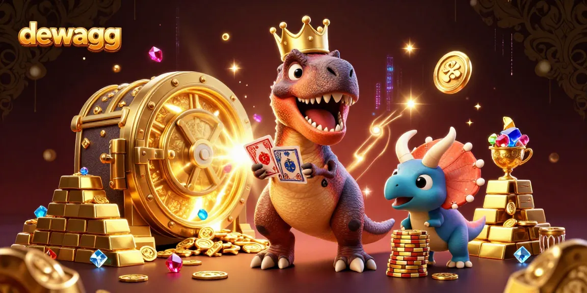 Betting with dewagg, T-Rex shuffling cards, pterodactyl assists in a vibrant casino scene.