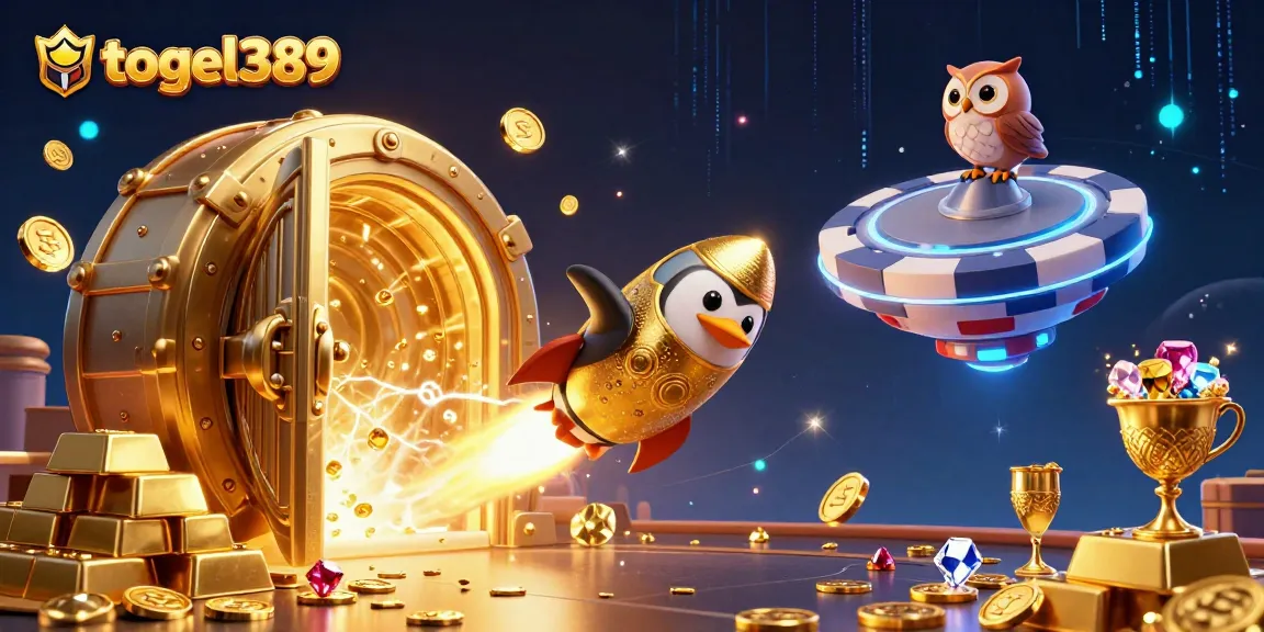 Engage with togel389’s excitement as a golden penguin races toward a vibrant casino in space.