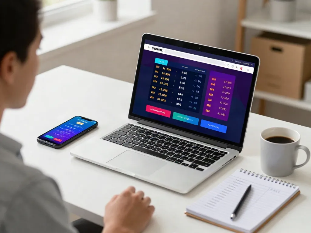 Pengguna mengakses 7meter login di laptop dengan catatan strategi taruhan di sekitar meja.