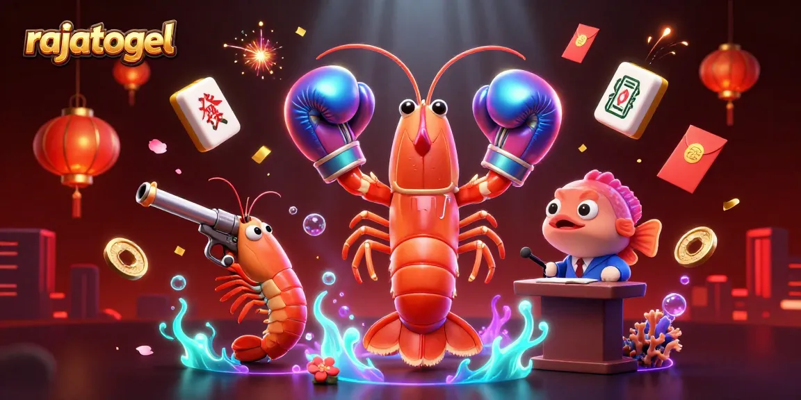 Engage with rajatogel gaming in a vibrant scene of animated shrimp characters amidst casino-themed elements.