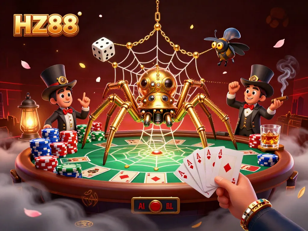 Experience thrilling gaming at HZ88 with a steampunk-themed vibrant casino scene, featuring poker and dice gameplay.