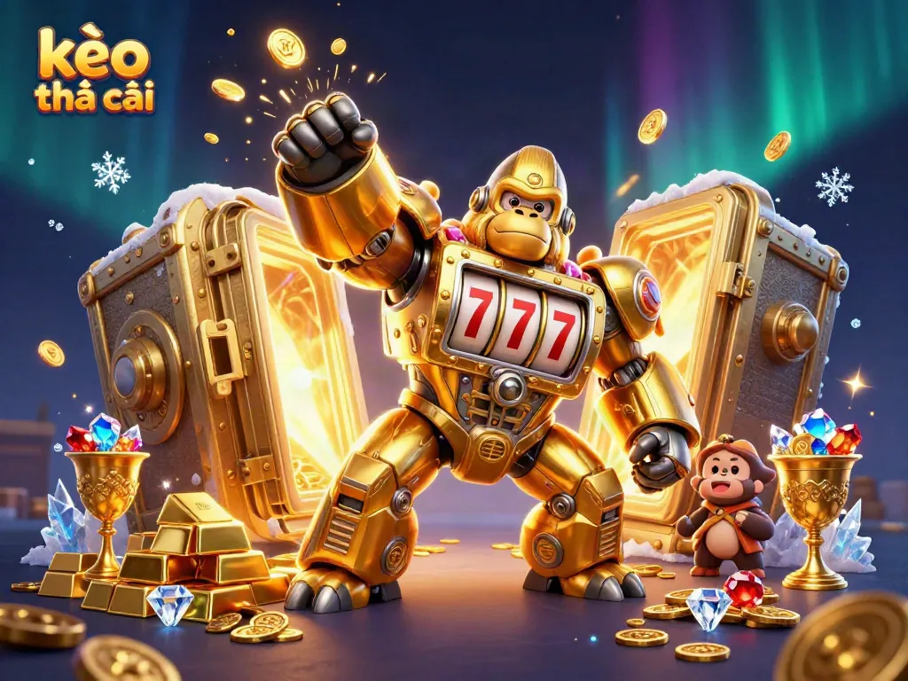 Engage with the kèo nhà cái experience through a vibrant 3D casino scene with a golden gorilla mech.