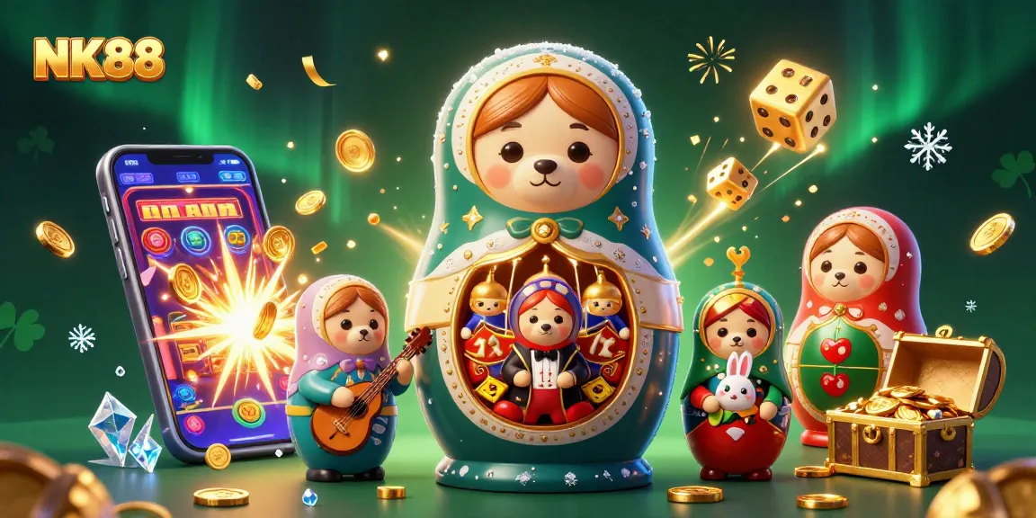 Win big at NK88 with vibrant casino games and playful characters in a lively 3D illustration.