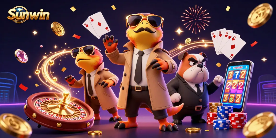 Experience Sunwin's thrilling casino games with a 3D cartoon scene featuring raptors and vibrant gaming elements.