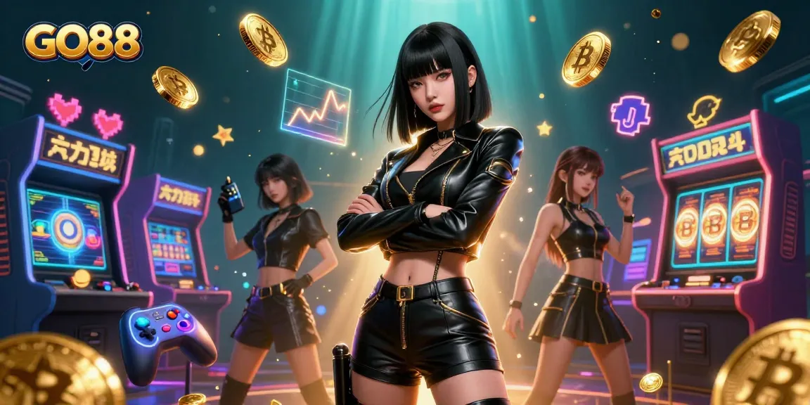 Experience GO88's thrilling casino games with 3D characters amidst vibrant arcade sessions.