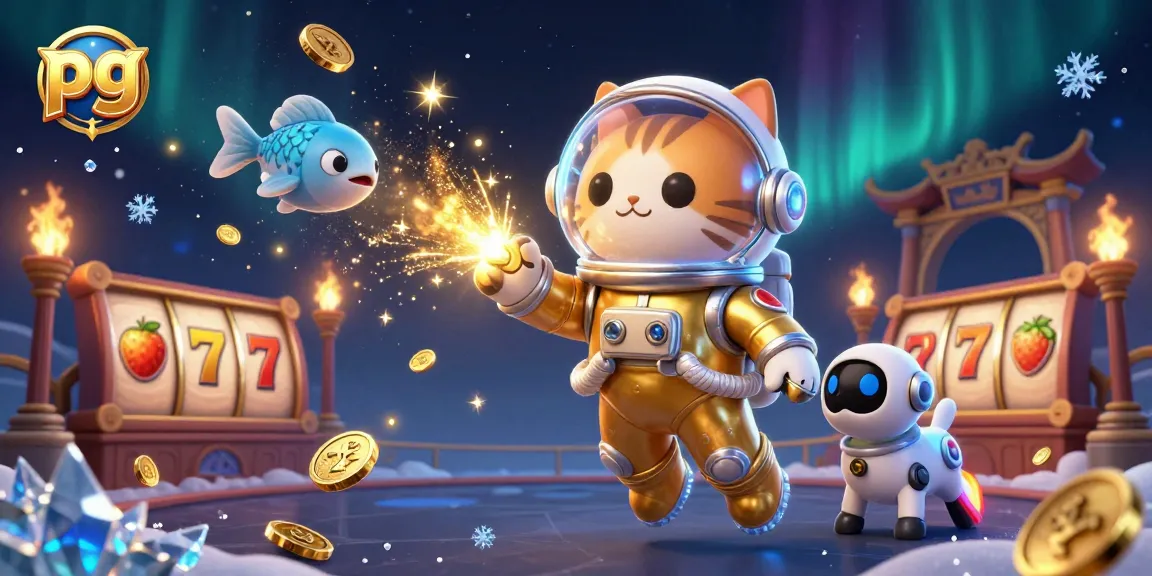 Experience the thrill of pg gaming with a dynamic 3D casino scene featuring astronauts and vibrant symbols.