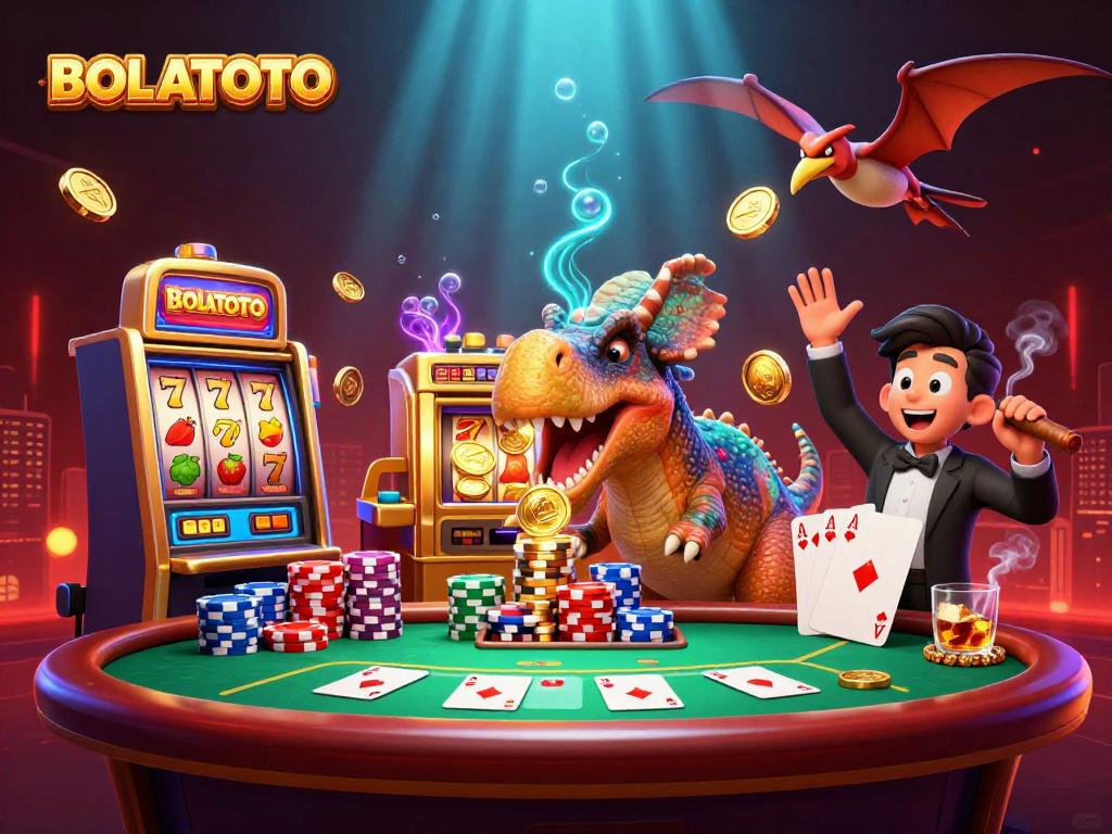 BOLATOTO slot machine jackpot scene with dinosaur characters celebrating winning coins