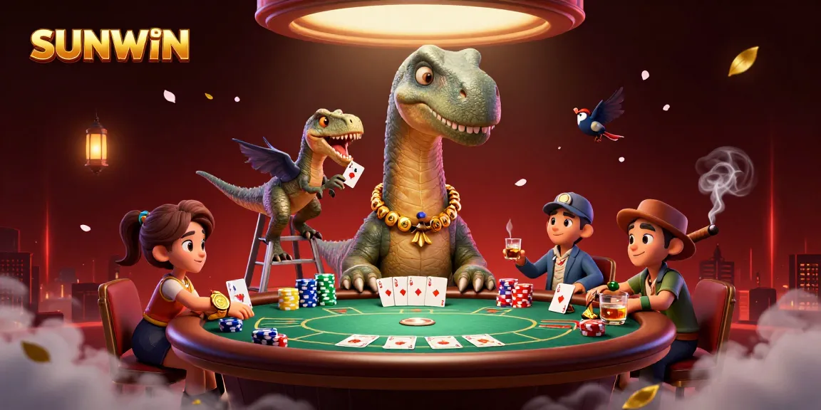 SUNWIN's intricate 3D casino scene showcases a brontosaurus interacting with a clever raptor dealer at an exciting poker game.