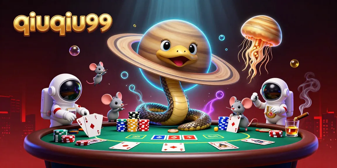 Experience thrilling gameplay at QiuQiu99 with vibrant poker table action and cosmic dealer.