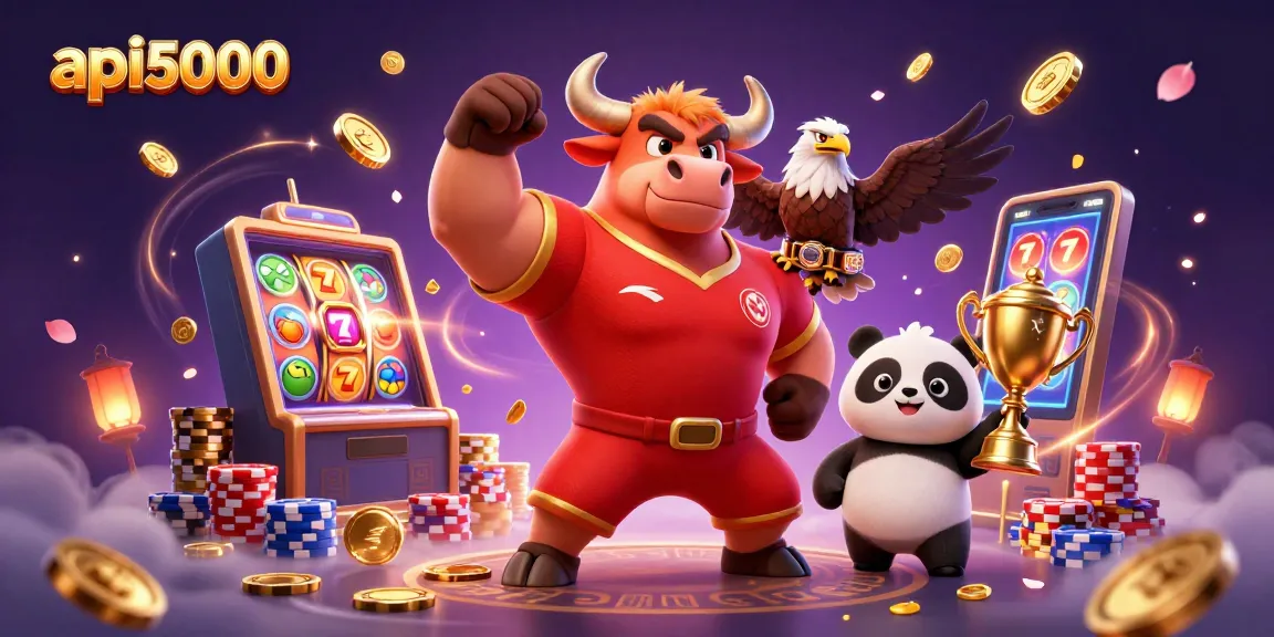 Bermain dengan api5000 sambil merayakan kemenangan di slot dengan karakter lucu dan simbol berkilau.