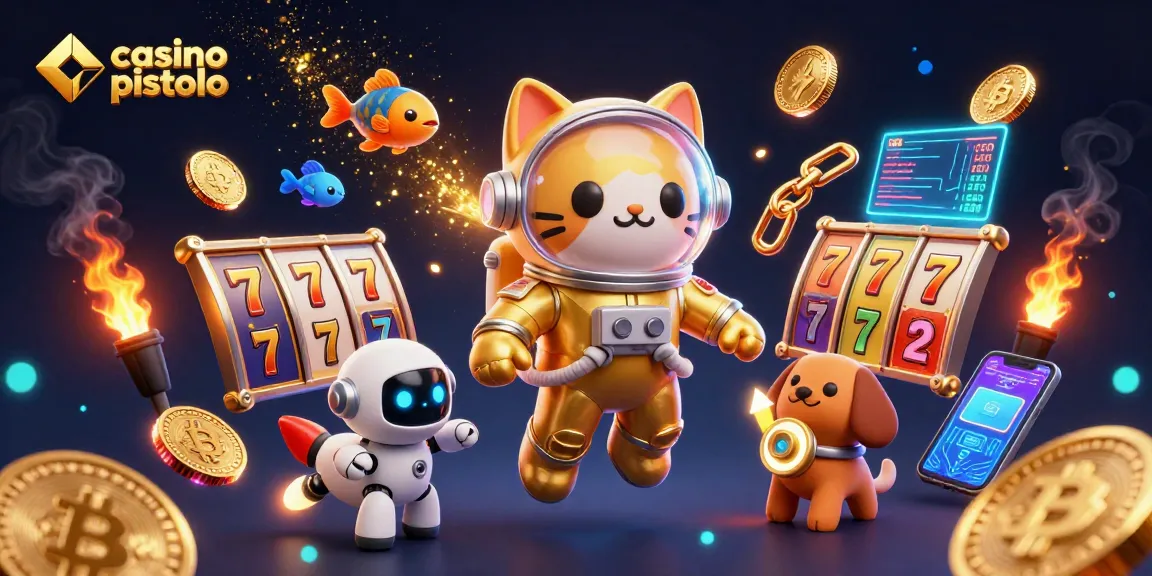 Engage in exciting games at casino pistolo with a 3D astronaut cat and vibrant slot elements.