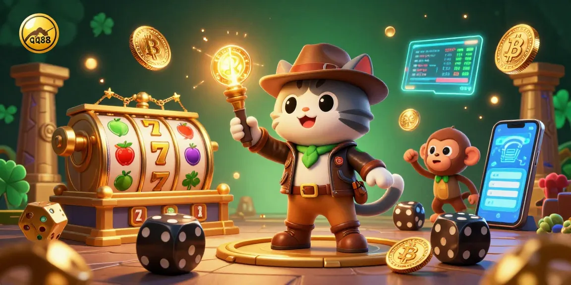 Explore casino adventures with qq88 in a vibrant, engaging 3D illustration featuring lucky symbols and crypto coins.