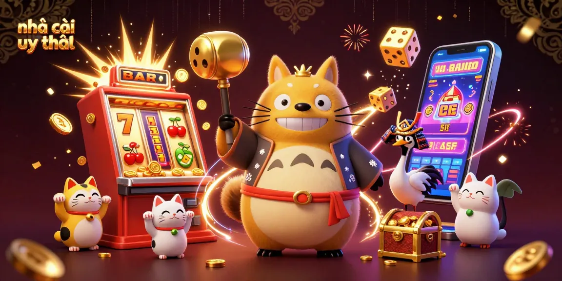 Engage with nhà cái uy tín through a vibrant 3D casino illustration showcasing a tanuki, lucky symbols, and jackpot excitement.