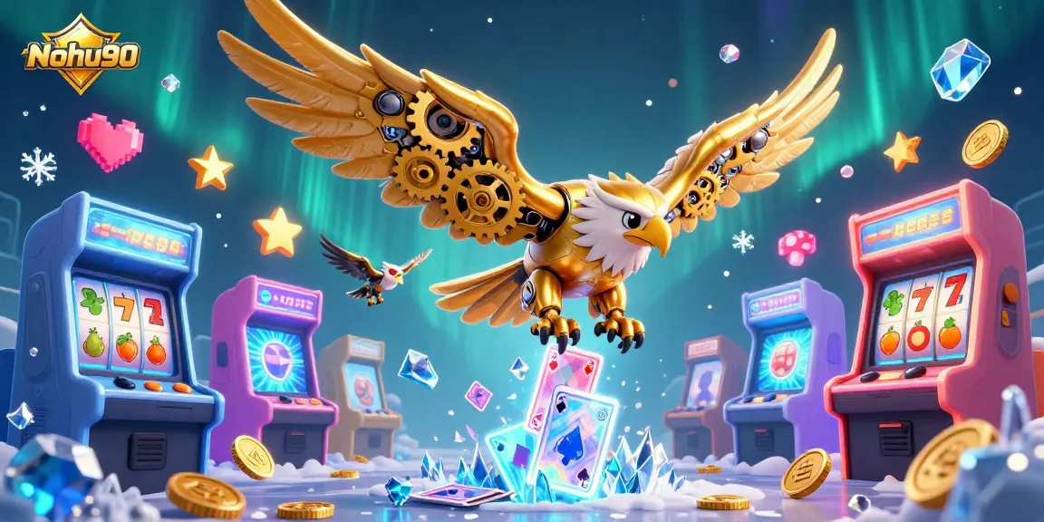 Nohu90 players enjoy dynamic gameplay with a golden eagle amid holographic casino symbols and games.