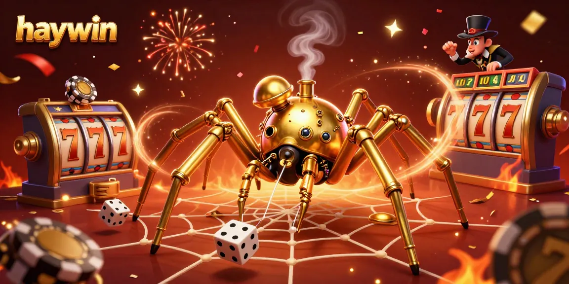 Experience the excitement of Haywin with vibrant 3D gaming visuals featuring slot reels and dynamic illustrations.