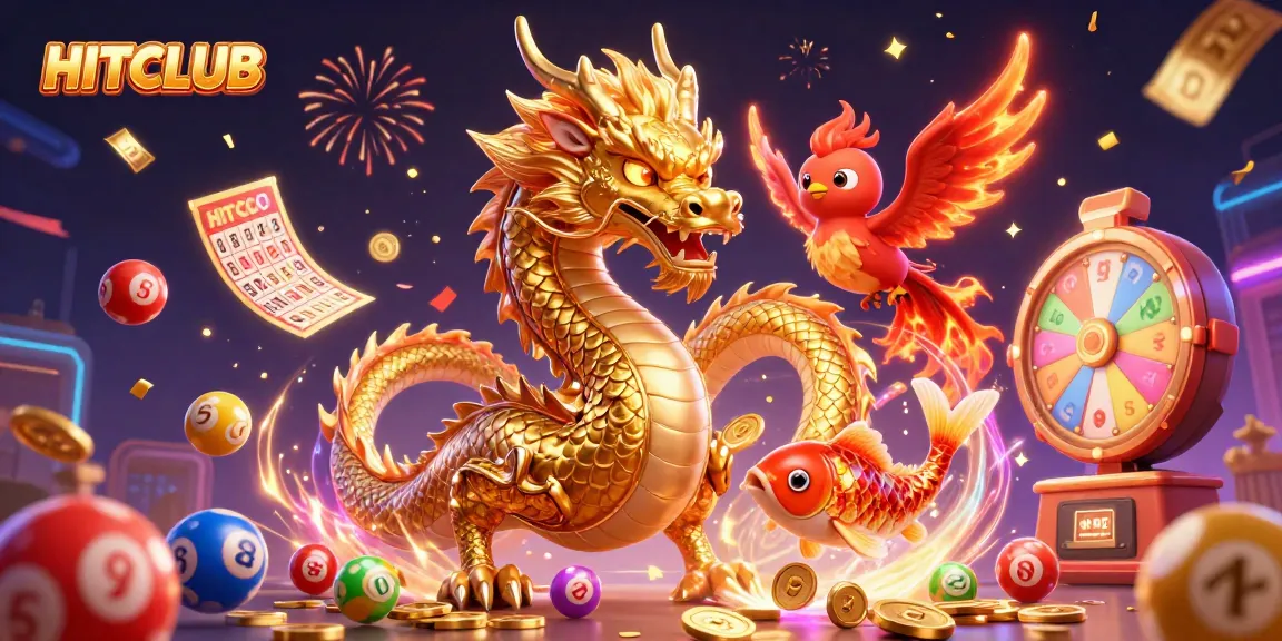 Join the HITCLUB as the golden dragon, phoenix, and koi fish celebrate winnings in a vibrant casino scene.