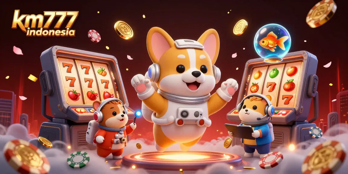 Experience km777 indonesia with a floating casino scene featuring a 3D corgi astronaut and slot elements.