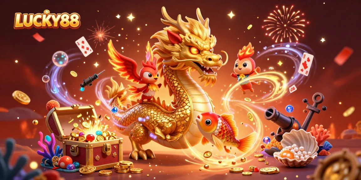 Engage in thrilling gameplay at LUCKY88 with vibrant 3D casino illustrations showcasing exciting elements.