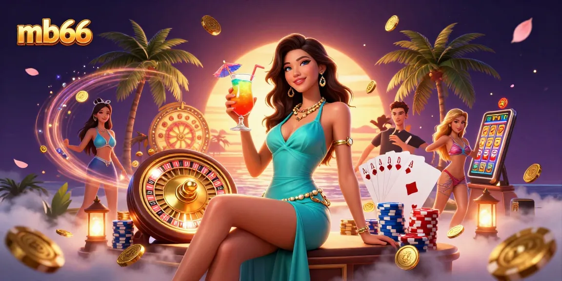Win big at mb66 with a photorealistic party scene of glamour and excitement in a beach casino setting.