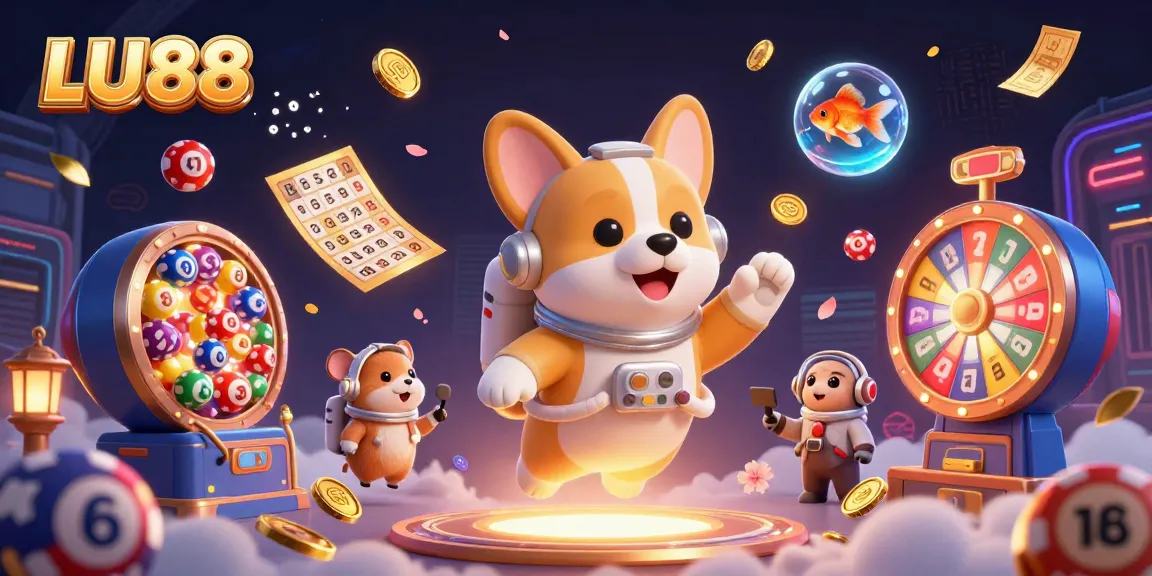 LU88 offers a vibrant casino experience with a dynamic space-themed illustration of characters engaging in gambling.