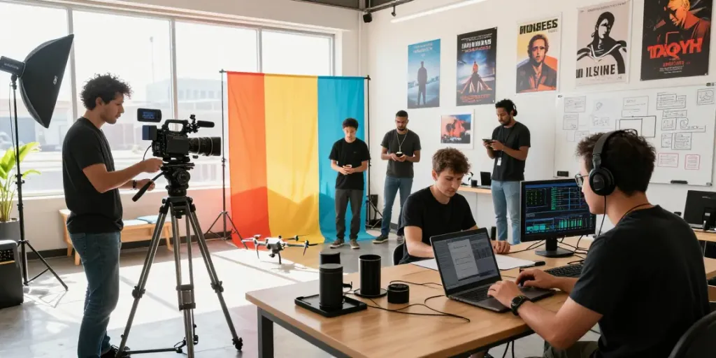 Video production company Long Beach, California, showcasing a creative team in action with camera, lighting equipment, and video editing tools in a vibrant studio.