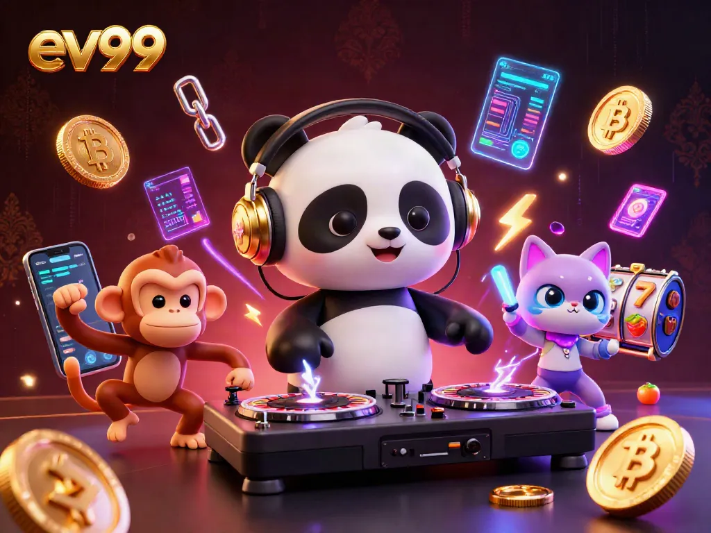 Join the excitement with ev99's vibrant casino scene featuring a DJ panda and a breakdancing monkey.
