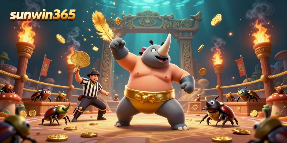 Experience the thrill at sunwin365 with an action-packed scene featuring a sumo champion beetle and referee in a vivid casino arena.