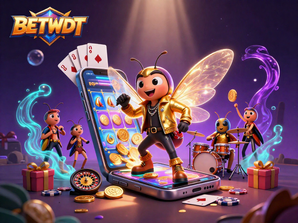 Engage with BETBDT's vibrant gaming experience featuring a cicada rock star and diverse casino elements.