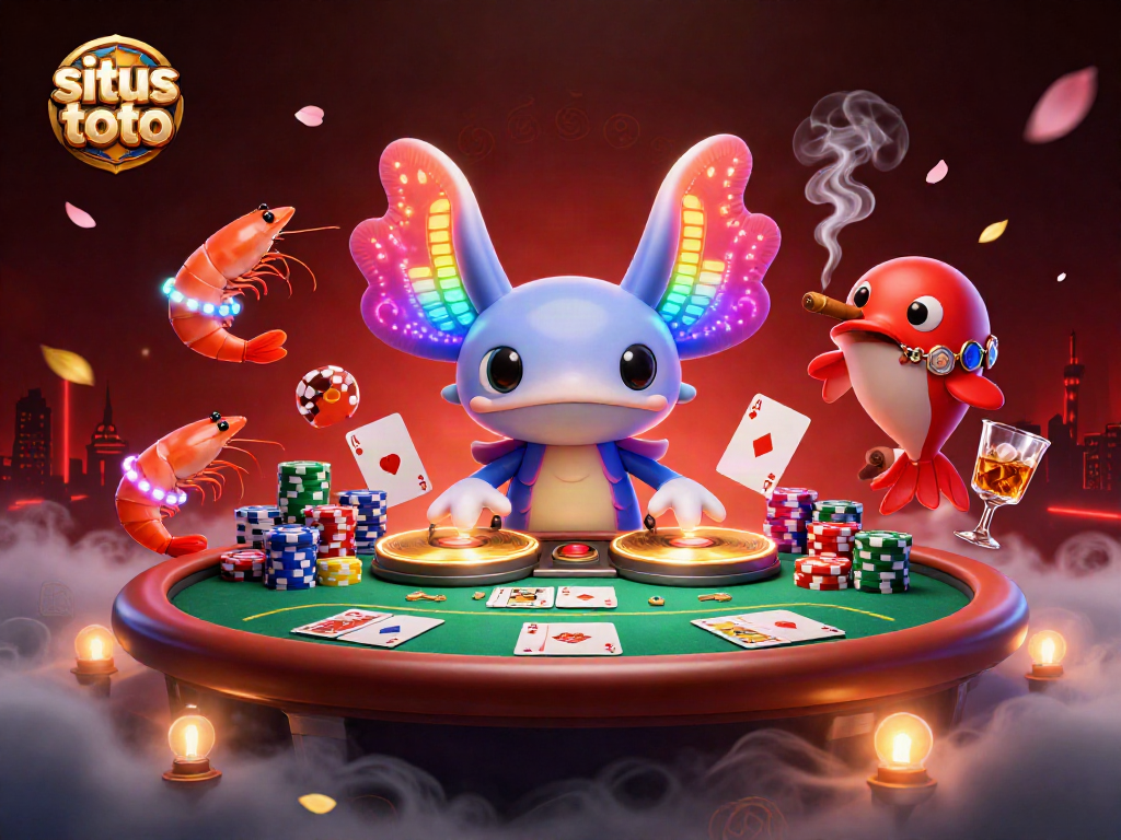 Engage in situs toto gaming with vibrant creatures dancing at a dynamic poker scene.