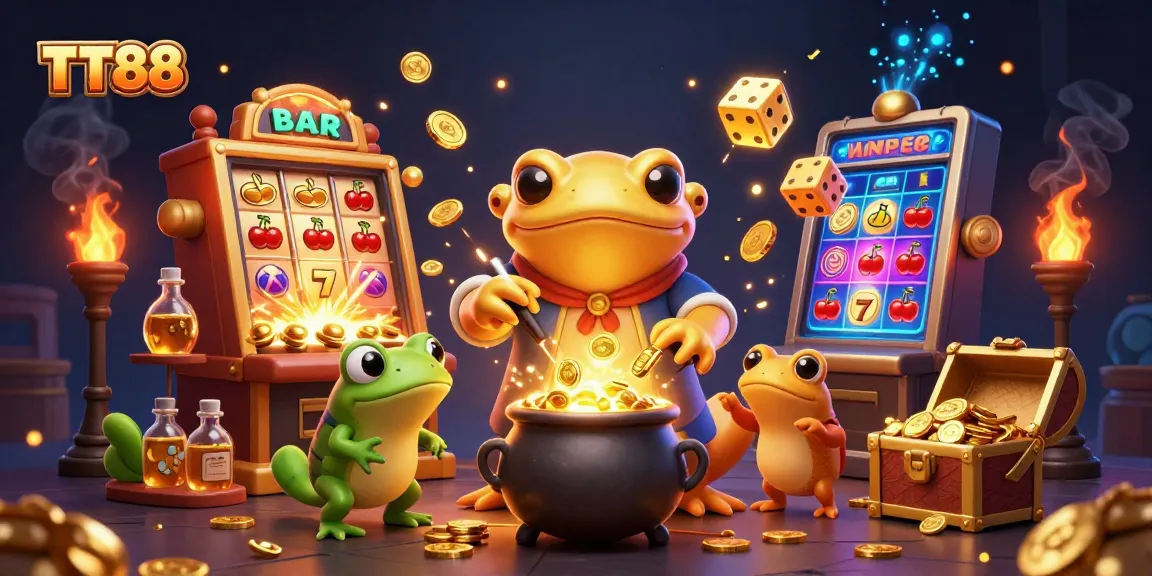 Experience winning jackpots at TT88 with vibrant casino illustrations highlighting gold coins and slot machines.
