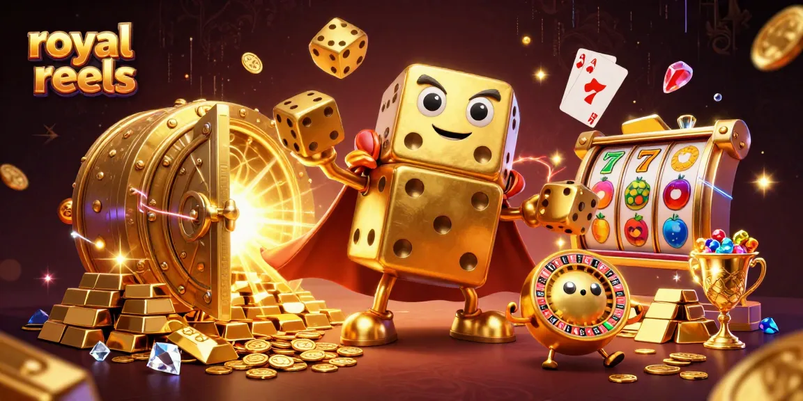 Engage in thrilling spins with royal reels at a dynamic casino illustration of golden dice and slot elements.