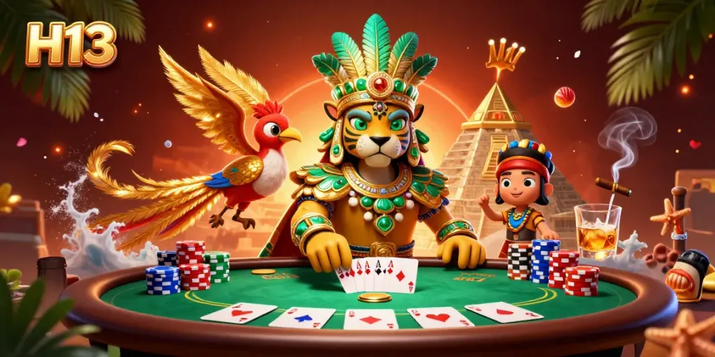 Engage in high-stakes poker action featuring H13 with Mayan-themed characters and vibrant casino elements.
